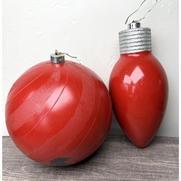 Vtg Large Red Outdoor Christmas Ornaments Swirl Ball & Bulb 11” 9” Retro Deco - Picture 1 of 9